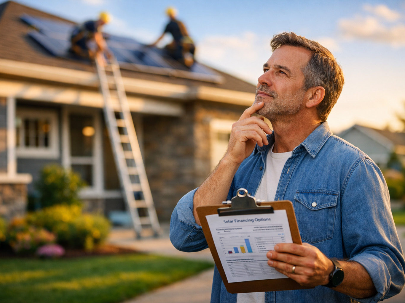 Homeowner holding solar financing options clipboard, contemplating his choices while workers install solar panels on his roof in the background